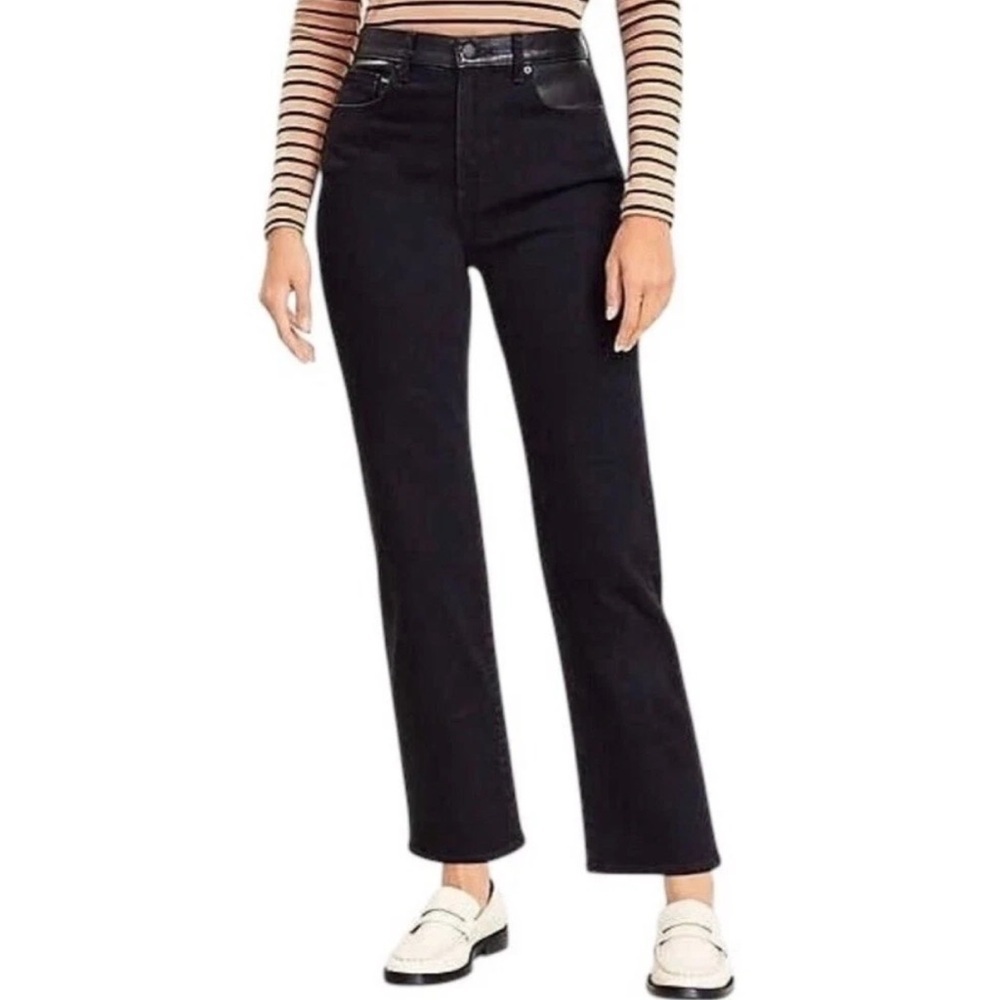LOFT Black Faux Leather Trim Straight-Leg Jeans Ankle Length  Size 12